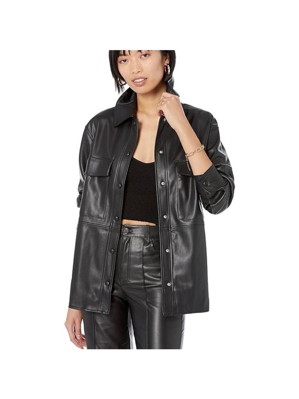 MANGO Faux Leather Long Sleeve Shirt Jacket Shacket Black 8